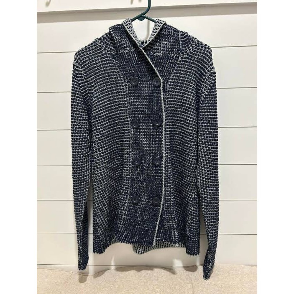 Navy Blue Waffle Knit Double Breasted Hooded Cardigan Women's Coastal layer